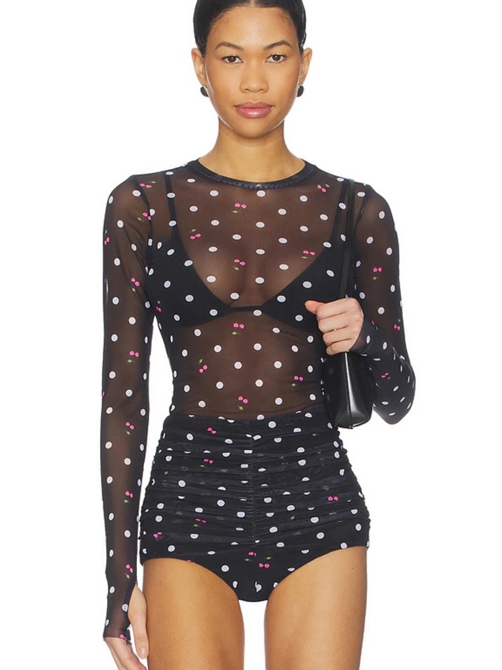 AFRM Kaylee Printed Long Sleeve Mesh Top Black & White